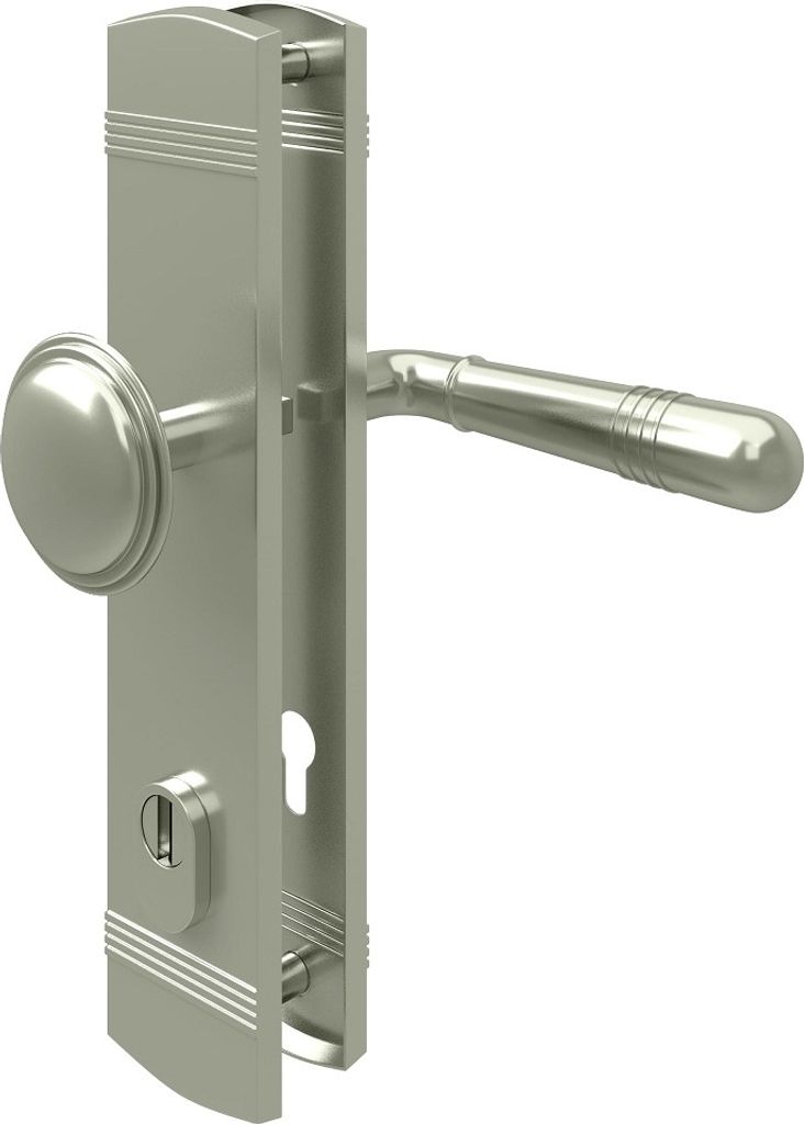 Matt vernickelter Zylinderschutz Türbeschlag Sicherheitsbeschlag Langschild Türdrücker Knopf / Drücker DIN 8/72