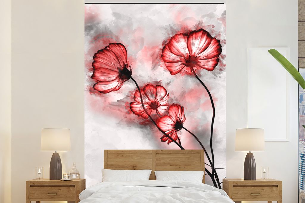 MuchoWow Fototapete für Wohnzimmer oder Schlafzimmer Wandtapete Vinyl Motivtapete Blumen - Aquarell - Rot - 195x300 cm - Das Hintergrundbild