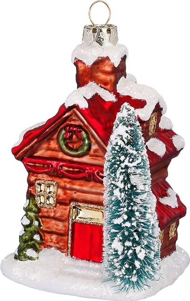 Christbaumschmuck Winterhaus mit Weihnachtsbaum Glas 10cm Rot Grün
