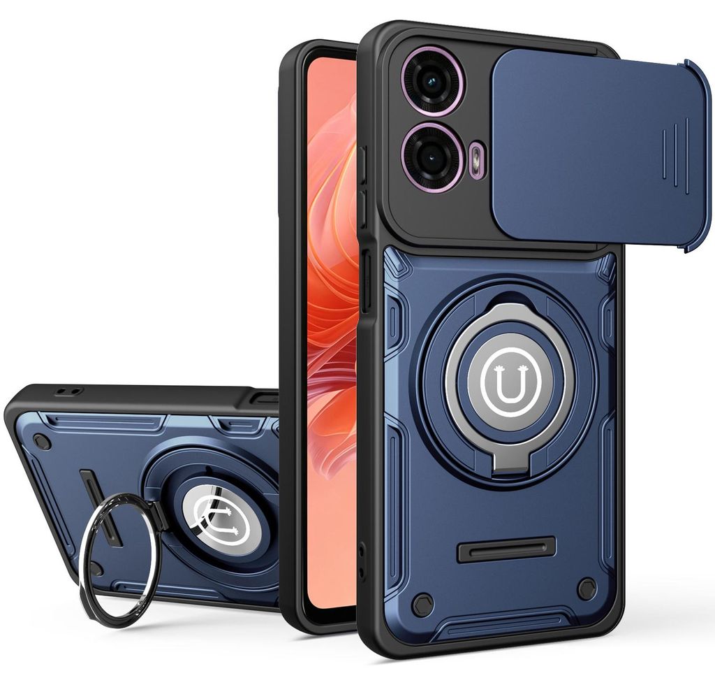 Magnetische Handyhülle für Motorola Moto G04 / G24 / E14 mit Kameraschutz Schieber, Ringhalter und Ständer, Stoßfeste Hülle Schwarz