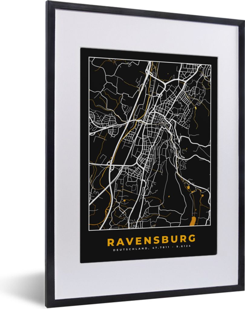 MuchoWow Gerahmtes Poster Gold - Deutschland - Karte - Stadtplan - Ravensburg 30x40 cm - Poster mit Schwarzem Bilderrahmen Wandposter Rahmen Foto...