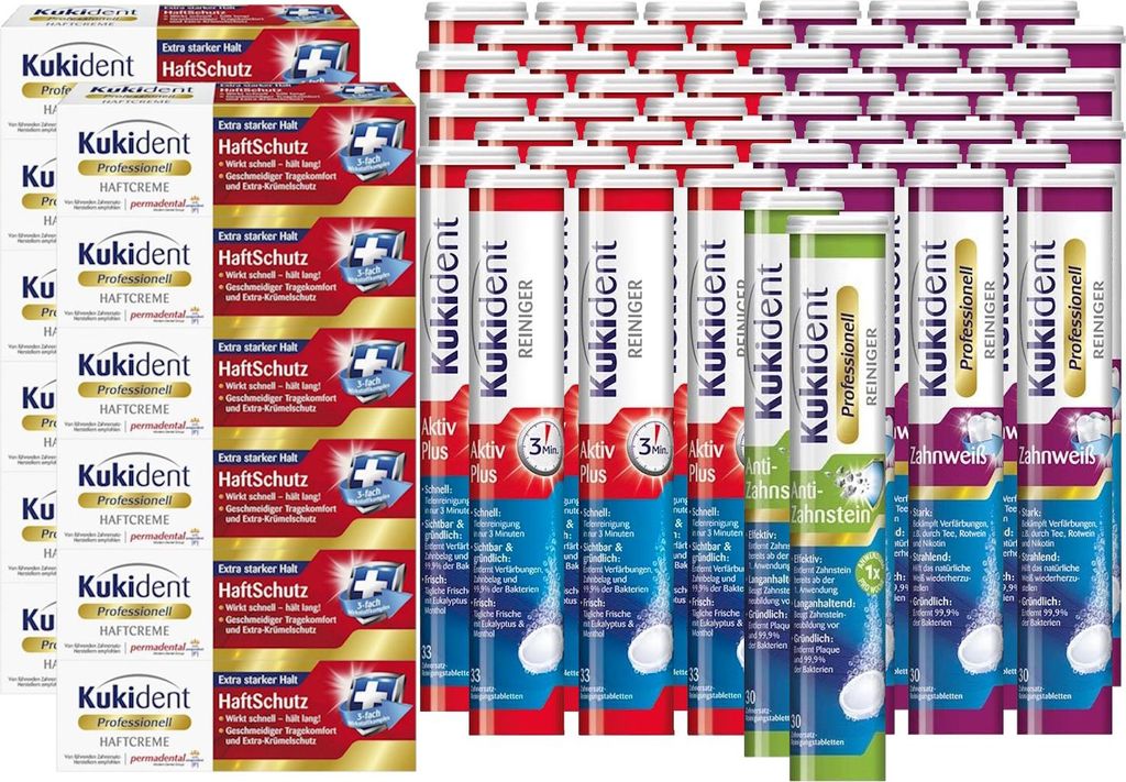 Kukident Set: Anti-Zahnstein 2x30 Tabs, Zahnweiß 24x30 Tabs, Aktiv Plus 24x33 Tabs, Haftcreme 12x40g
