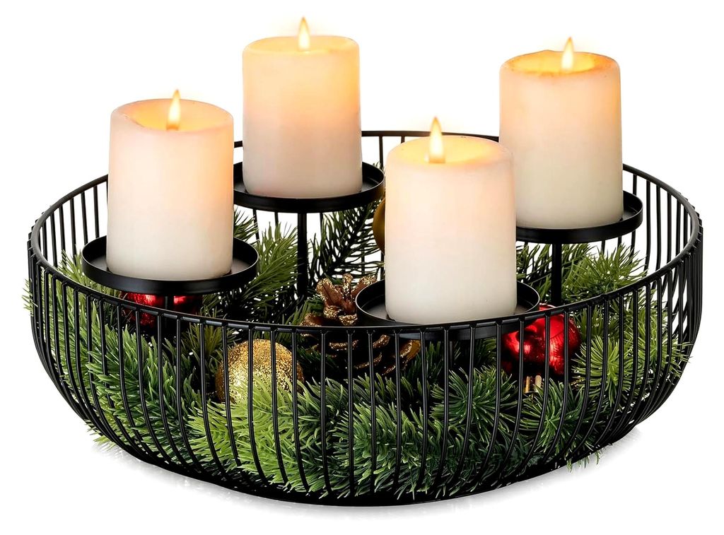 Moderner Adventskranz aus Metall: Schwarzes Adventsgesteck für 4 Stumpenkerzen - Kerzenhalter für runden Tischkranz zur Weihnachtsdekoration