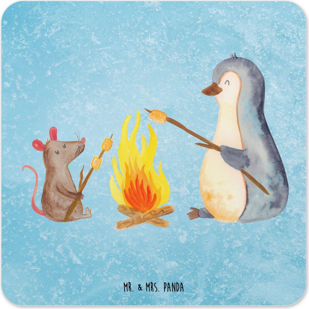 Mr. & Mrs. Panda Tischuntersetzer Pinguin Lagerfeuer 10er Set - Eisblau - Geschenk, Untersetzer für Gläser, Feuer, Tassen-Untersetzer, Job, Glas-...