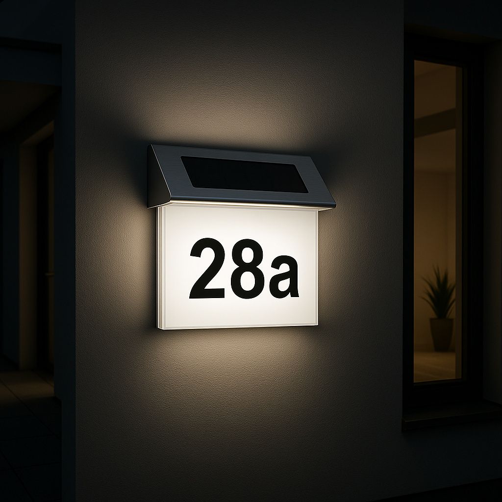 MeLiTec Solar-Hausnummer SH01, moderne LED-beleuchtete Hausnummer, für außen, wasserdicht, aus Edelstahl, kabellose Solar-Hausnummernleuchte