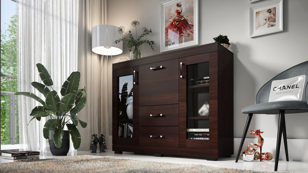 Kombikommode P27, 2 Vitrinentüren, 2 Schubkästen, Barschrank, B130xH106xT43 cm, komplett vormontiert - Wenge