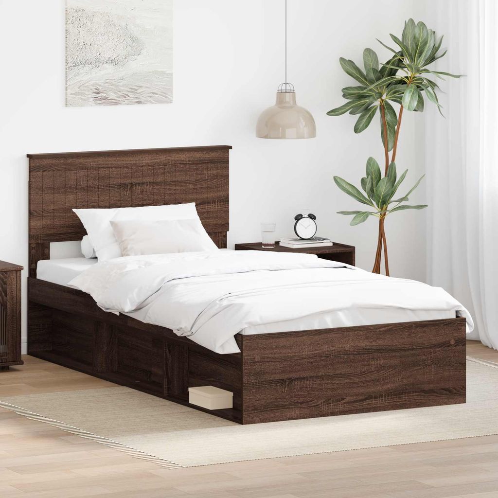 "Schlussverkauf" Einzelbett 1 PLACE - bettrahmen moderne - Braun Eichen-Optik 100x200 cm Massives Kiefernholz C1941