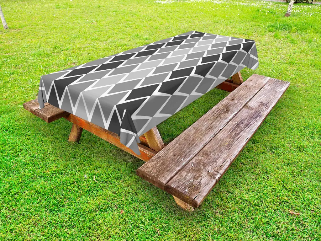 ABAKUHAUS Tovaglia da esterno grigia e bianca, forme geometriche irregolari con linee a zig zag ed effetto sfumato, grigio antracite chiaro, 145x265 cm
