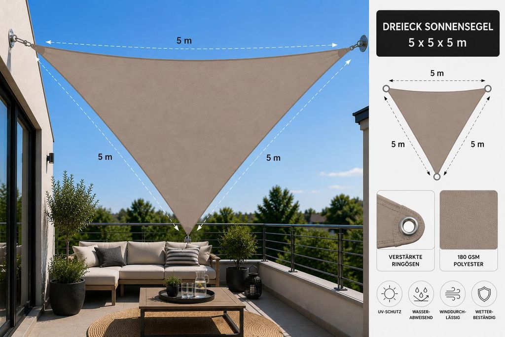 Sonnensegel Dreieck 3m, 3,6m oder 5m Kantenlänge | Wasserabweisend & UV-Schutz | für Balkon, Terrasse & Garten | verstärkte Ösen | 3,6m Creme
