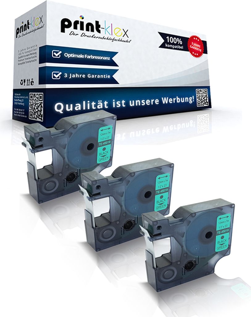 3x Kompatible Schriftbänder für Dymo D1 45019 Labelwriter400Duo Dymo 1000 1000 Plus 2000 3500 5500 Labelmaker 4500Pocket S0720590 12mm x 7m BK-Gr...