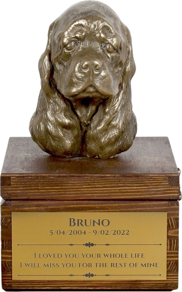 Amerikanischer Cocker Spaniel, American Cocker Spaniel - Eine Ascheurne für Hunde mit einer Statuette, eine kleine Urne für Hunde, eine personali...