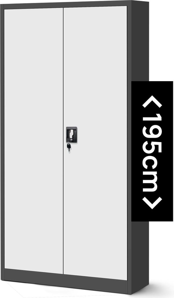 A tall, two-door metal cabinet with a lock on the right door. A black overlay with white text indicating size is on the right side.