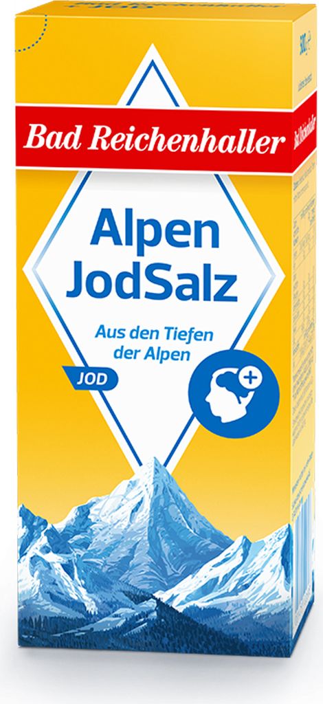 A yellow box of Bad Reichenhaller AlpenJodSalz with a mountain landscape depicted on the lower part of the packaging.