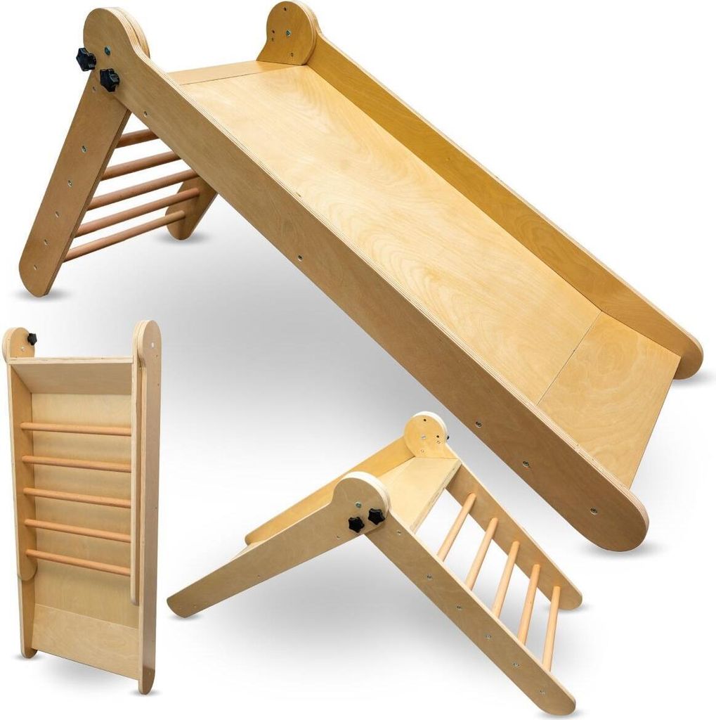 A wooden children's slide with a ladder, shown in multiple configurations.