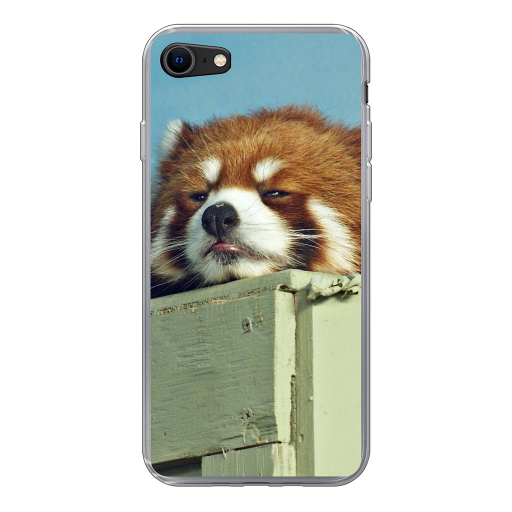 MuchoWow Handyhülle Schutzhülle Hülle für iPhone 7 Panda - Holz - Rot Silikon Softcase Handy Hülle - Kartenhalter