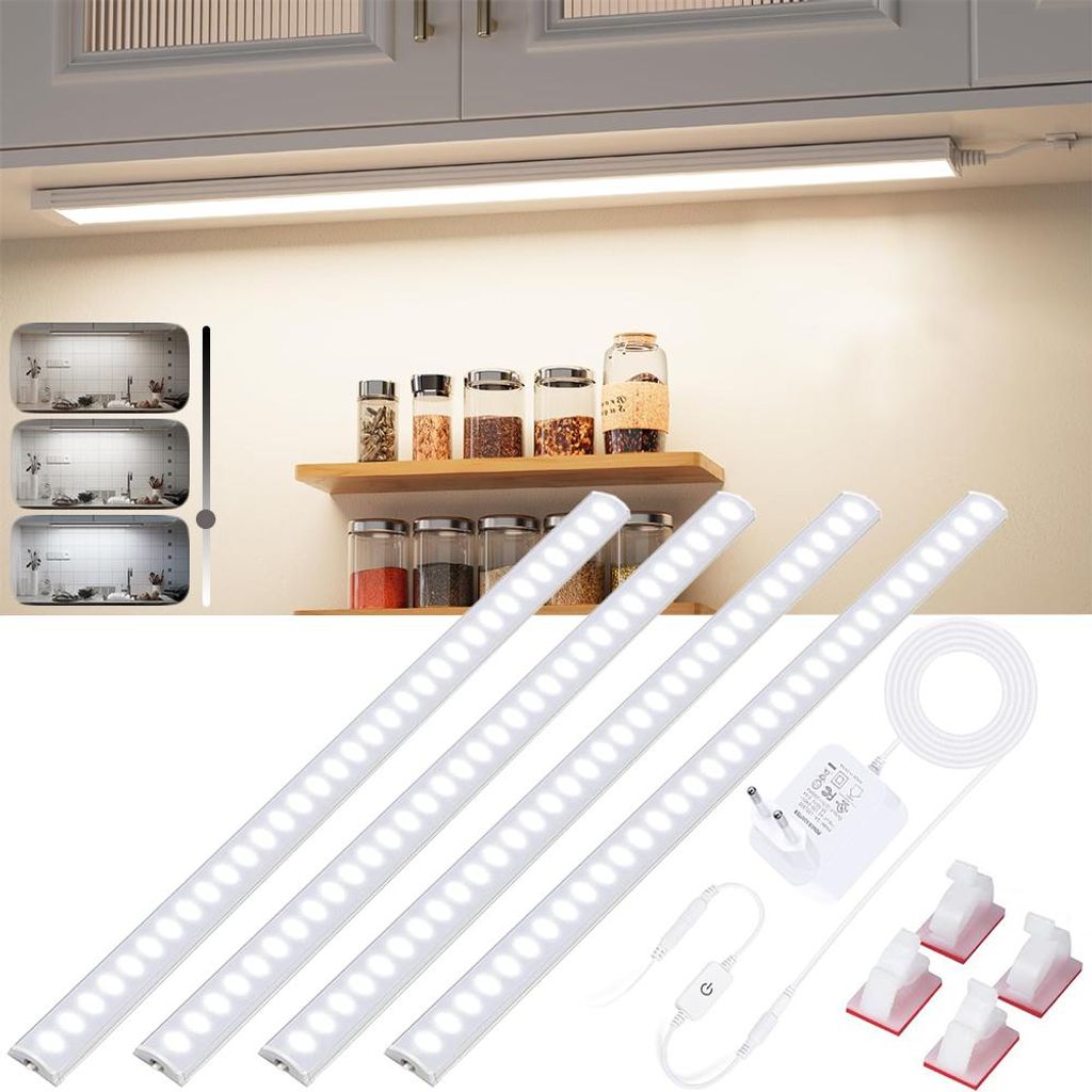 30cm Unterbauleuchte Küche Led 4er Set, Ultradünne Schrankbeleuchtung LED Leiste Mit Speicherfunktion, Schranklicht Für Regale Werkbank, Neutral...