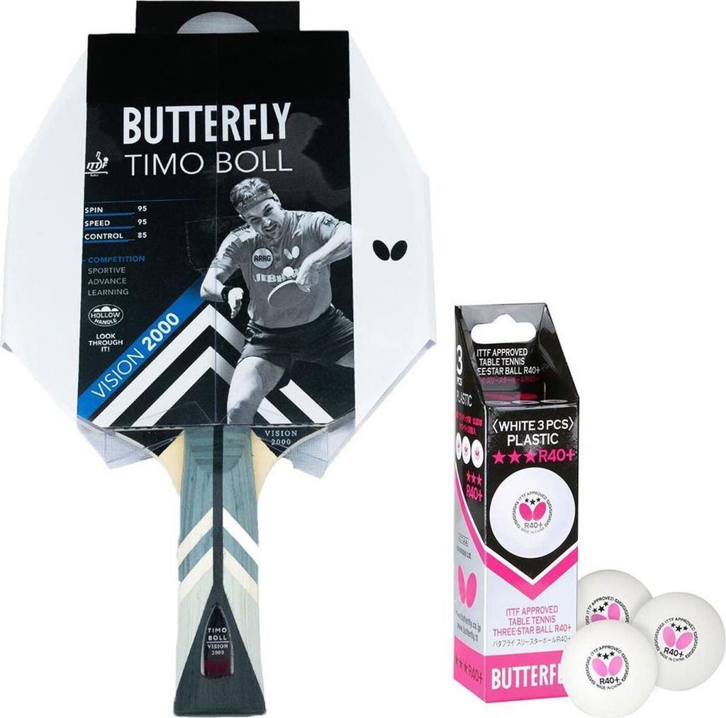 Butterfly 1x Timo Boll Vision 2000 Tischtennisschläger + 3x 40+ 3*** Tischtennisbälle | Tischtennisset Tischtennis TT Tabletennis