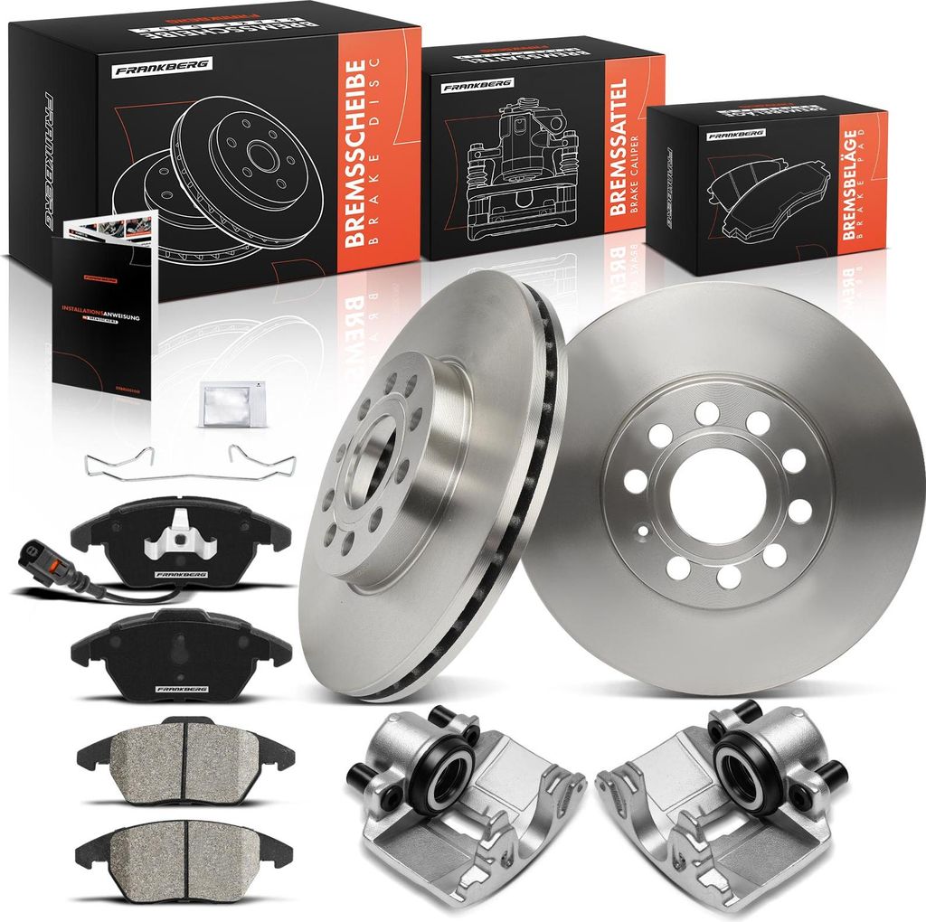 Frankberg 2x Bremssattel+2x Bremsscheiben+4x Bremsbeläge Vorne für VW Golf VI V Plus 521 5M1 5K1 1K1