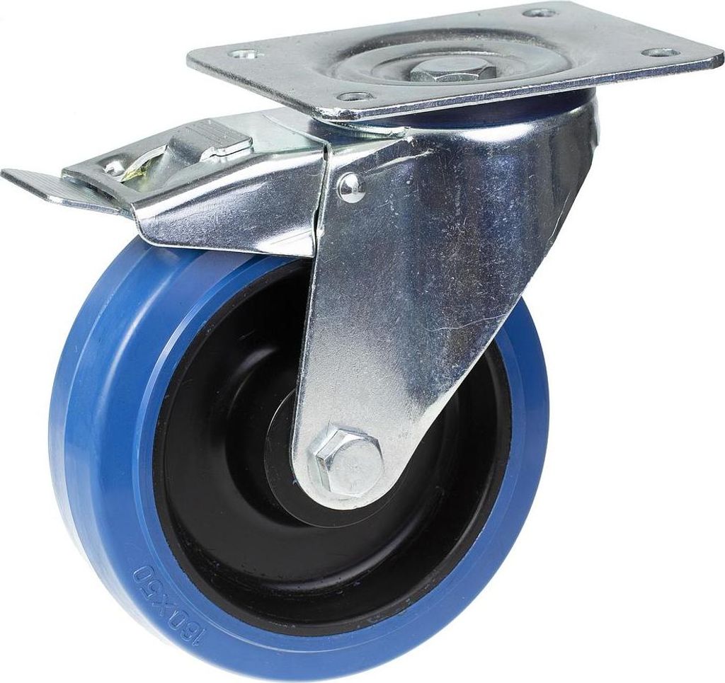 160-mm-Lenk-/Bremsrolle mit blauem Elastikgummi auf Nylon-Mittelrad