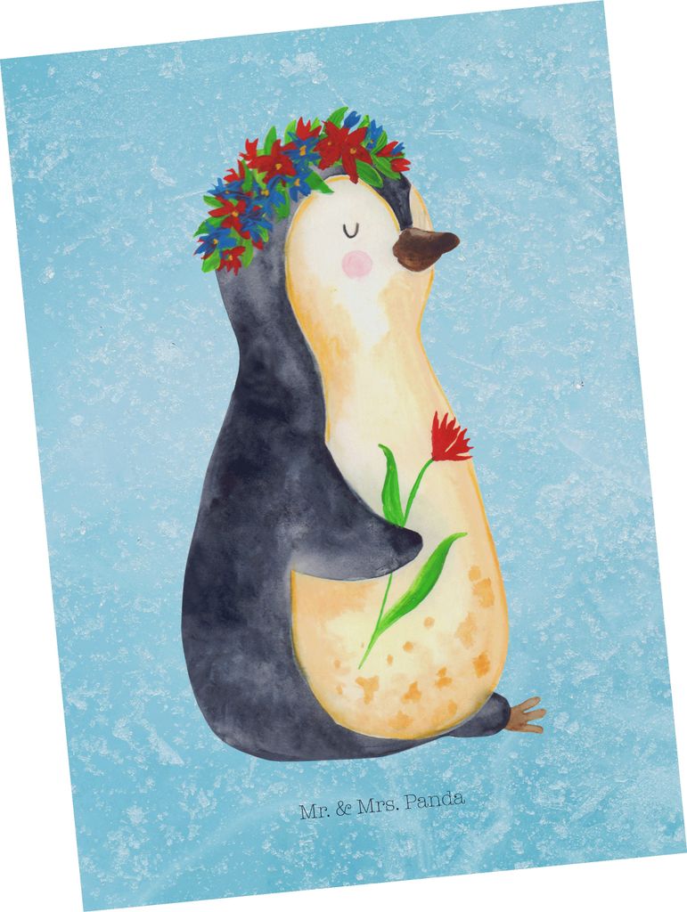 Mr. & Mrs. Panda Grußkarte Pinguin Blumen - Eisblau - Geschenk, einzelkarte, Postkarte, Ansichtskarte, Blumenliebe, Ziele, Motivation, Fotokarte, ...