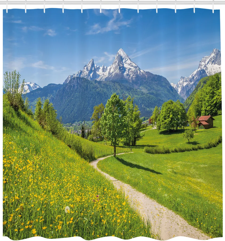 ABAKUHAUS Tenda da doccia con motivo paesaggistico, fiori selvatici nelle Alpi e nella Baviera innevata, Germania G, tessuto Set decorativo per bagno con ganci, 175x240 cm, giallo verde
