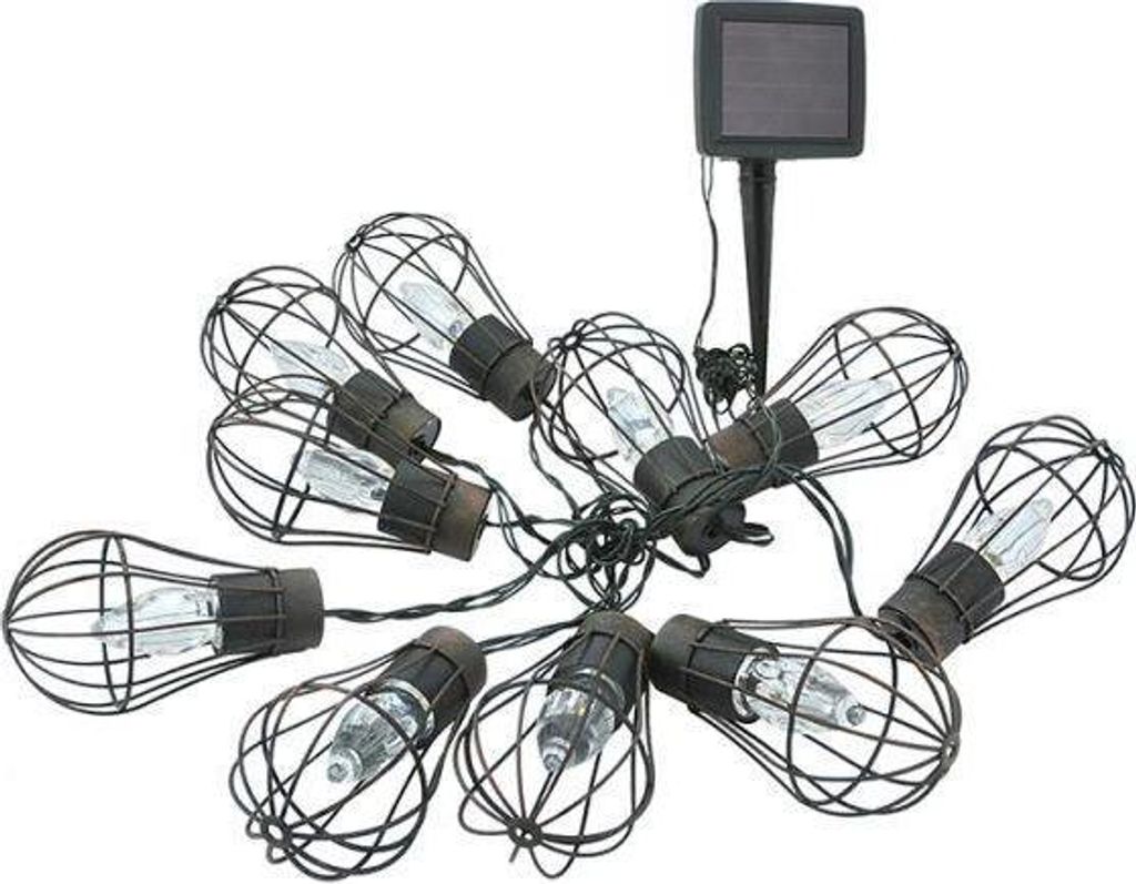 A string of solar-powered LED lights with cage-like bulb covers and a solar panel on a stake.
