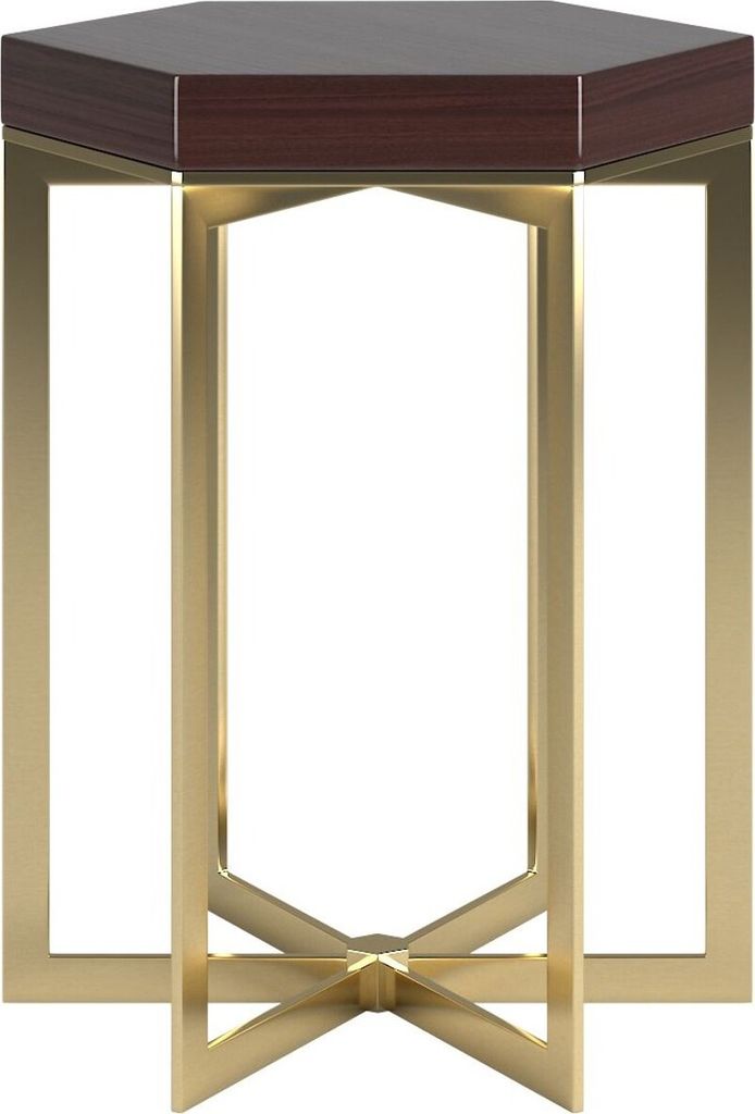 Casa Padrino Designer Beistelltisch Dunkelbraun Hochglanz / Gold 50 x 50 x H. 65 cm - Edler 6-eckiger Tisch mit Massivholz Tischplatte und Edelstah...