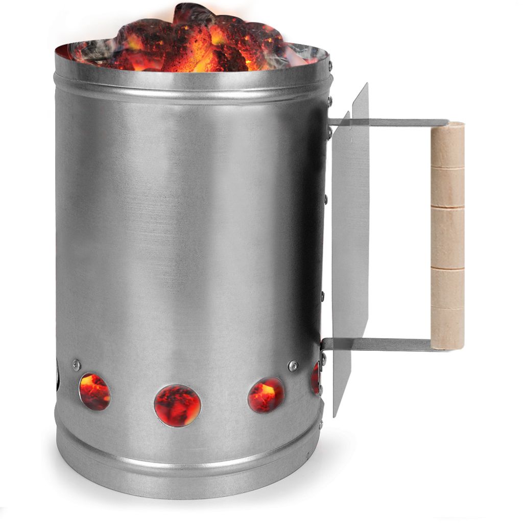 A charcoal chimney starter with glowing coals inside, shown against a white background.