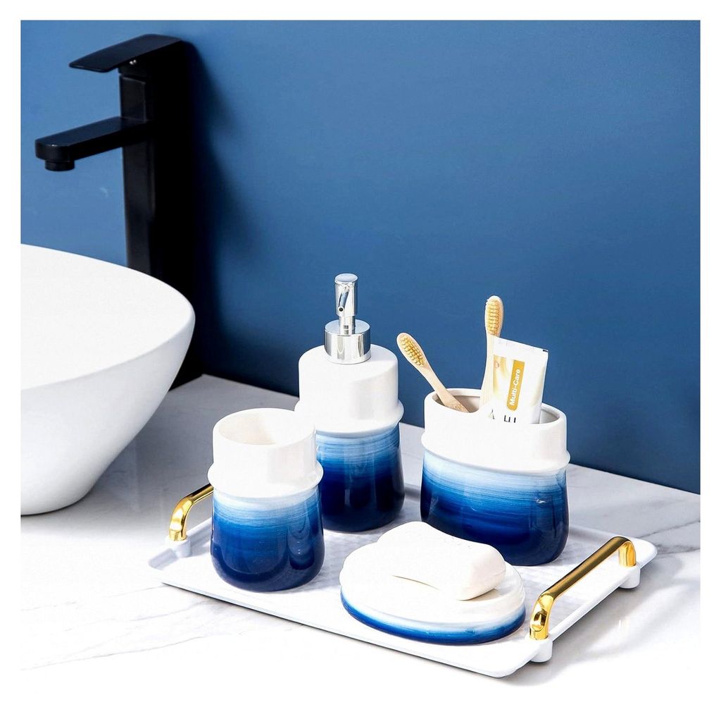 Badezimmer-Zubehör-Set in Marineblau, 4-teilig, Keramik, Badezimmer-Dekoration, enthält Zahnbürstenbecher, Seifenspender, Seifenschale und Becher