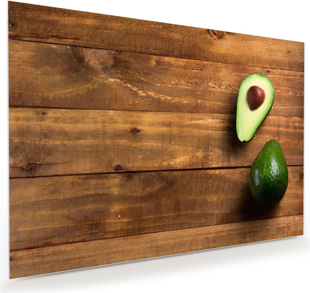 Glasbild Wandbild Avocado auf Holztisch 100x70cm in XXL für Wohnzimmer, Schlafzimmer, Badezimmer, Flur