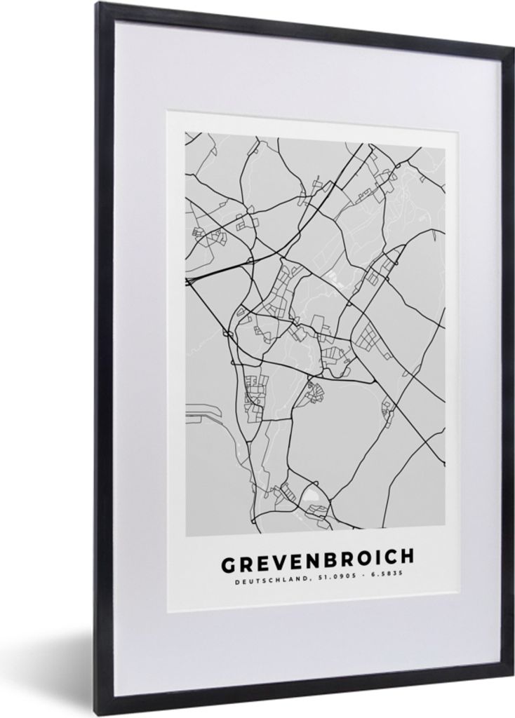 MuchoWow Gerahmtes Poster Karte - Grevenbroich- Deutschland - Stadtplan 40x60 cm - Poster mit Schwarzem Bilderrahmen Wandposter Rahmen Foto Bilde...