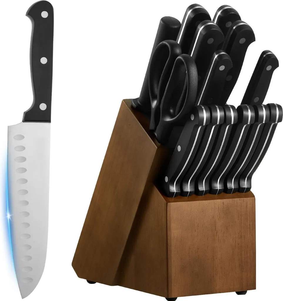 SucceBuy Set di coltelli da cucina da 15 pezzi con ceppo in legno e acciaino per affilare, coltelli affilati in acciaio inox di alta qualità con manici ergonomici in ABS, ideali per gli amanti della cucina - 1