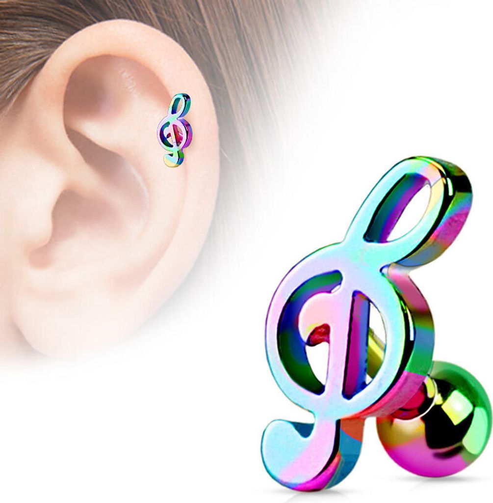 Helix & Tragus Ohr Piercing „Notenschlüssel“ Regenbogen