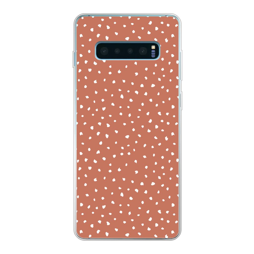 MuchoWow Handyhülle Schutzhülle Hülle für Samsung Galaxy S10 Plus Tupfen - Orange - Weiß Silikon Softcase Handy Hülle - Schutzhülle