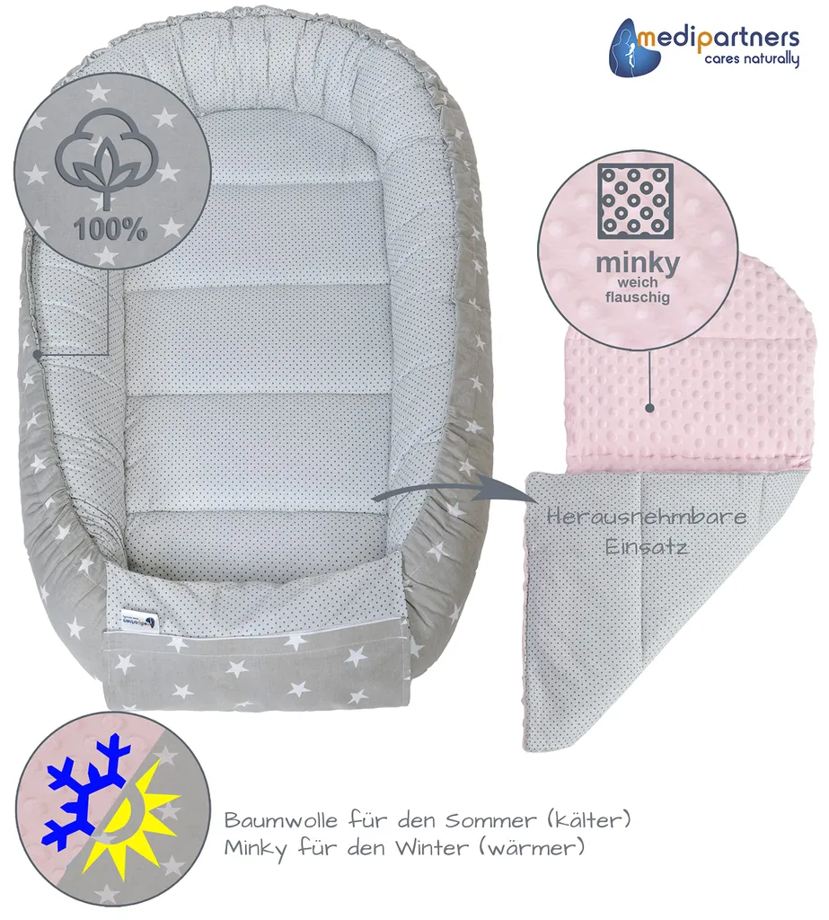Cocon pour bébé idéal cododo 100x60 cm gris et rose en coton doux - 7