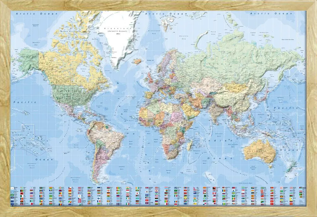 Grande Carte du monde XL encadrée hêtre pour protéger votre poster mural