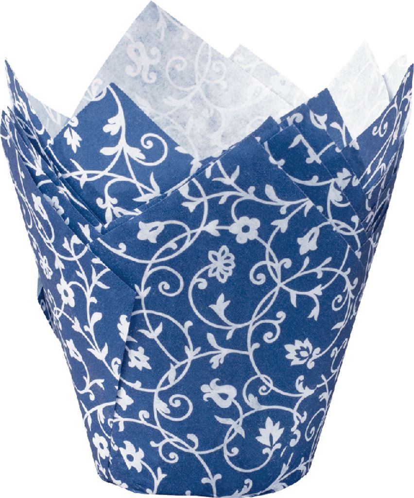 Demmler Muffinbackform Papier Tulip-Wraps Blau mit weißem Muster - Inhalt 24 Stück, Durchmesser ca. 5cm - 1616512410