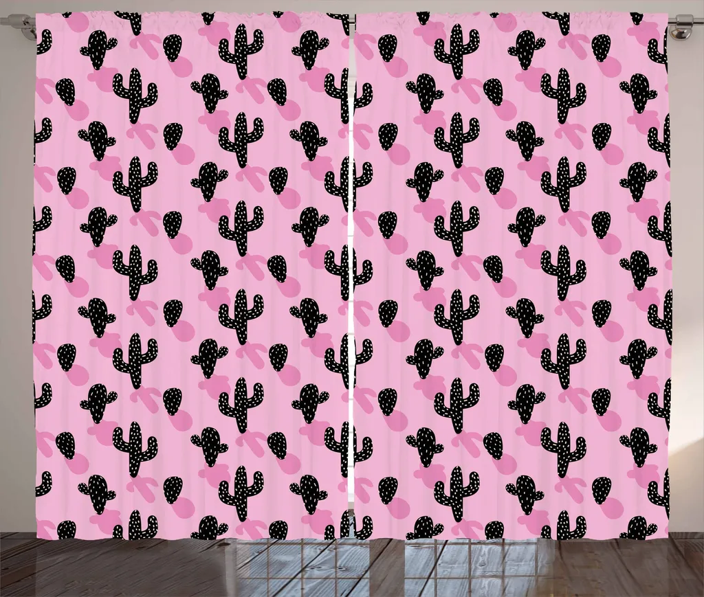 ABAKUHAUS Tenda rustica con motivo cactus, stile cartoon Flora messicana, tenda con passanti e ganci per camera da letto, 280 x 175 cm, rosa bianco e nero