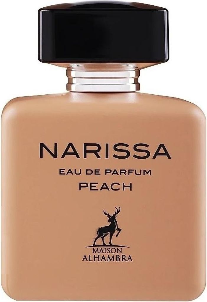 A close-up studio shot of a bottle of Maison Alhambra Narissa Eau de Parfum Peach.