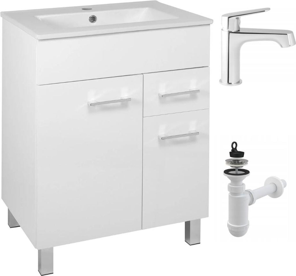 Stamar Badezimmerschrank Stehend Mit Waschbecken 60 x 47 cm Hochglanz Weiß Hohe Armatur