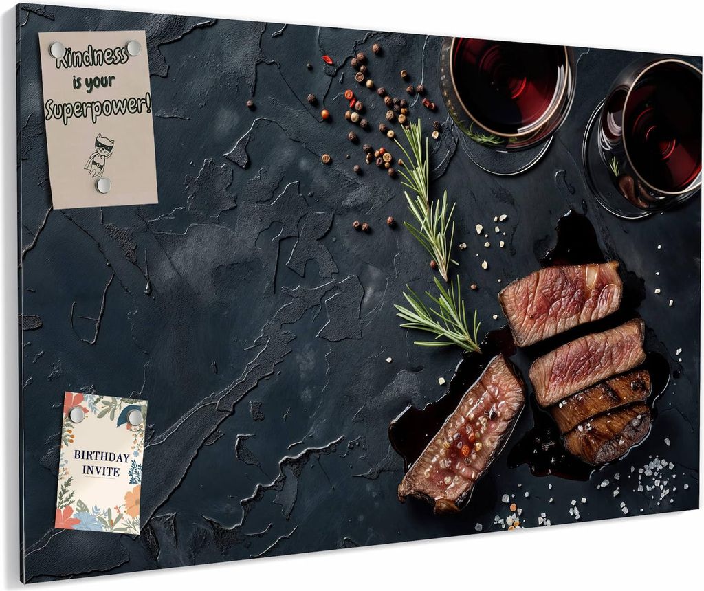 Magnettafel 90x60cm magnetisch & beschreibbar Metall-Board - Steak und Rotwein