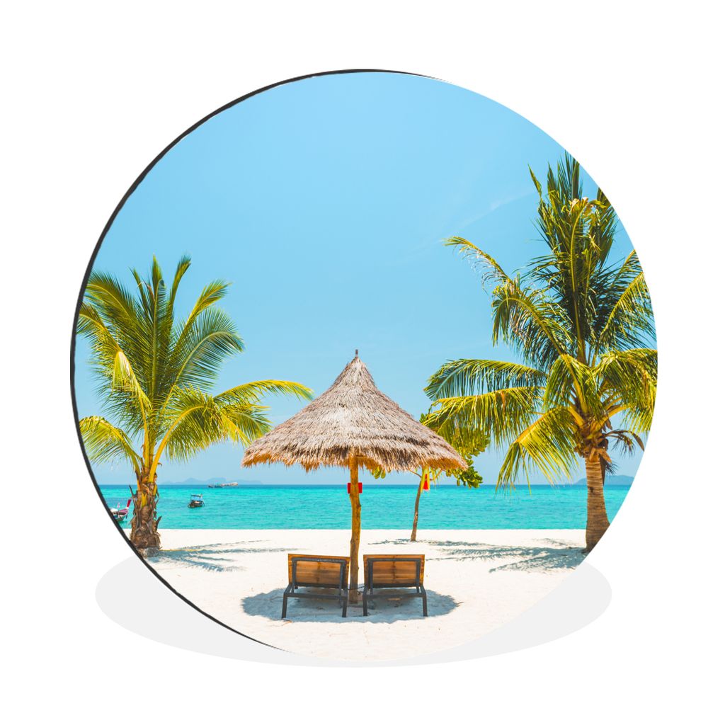 MuchoWow Aluminium Wandkreis Strand - Sonnenschirm - Palme Ø 30 cm Wanddeko Modern Wohnzimmer - Wand Bild - Wohnzimmer - Runde Bilder - Alubilde...