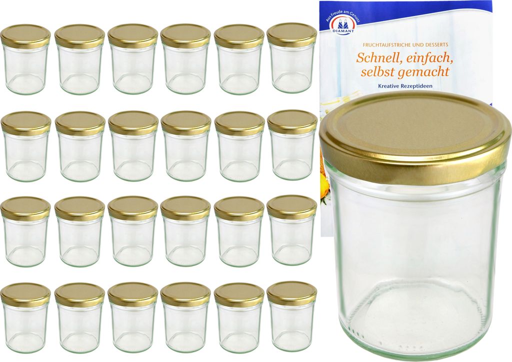 A set of glass jars with gold lids and a recipe booklet.