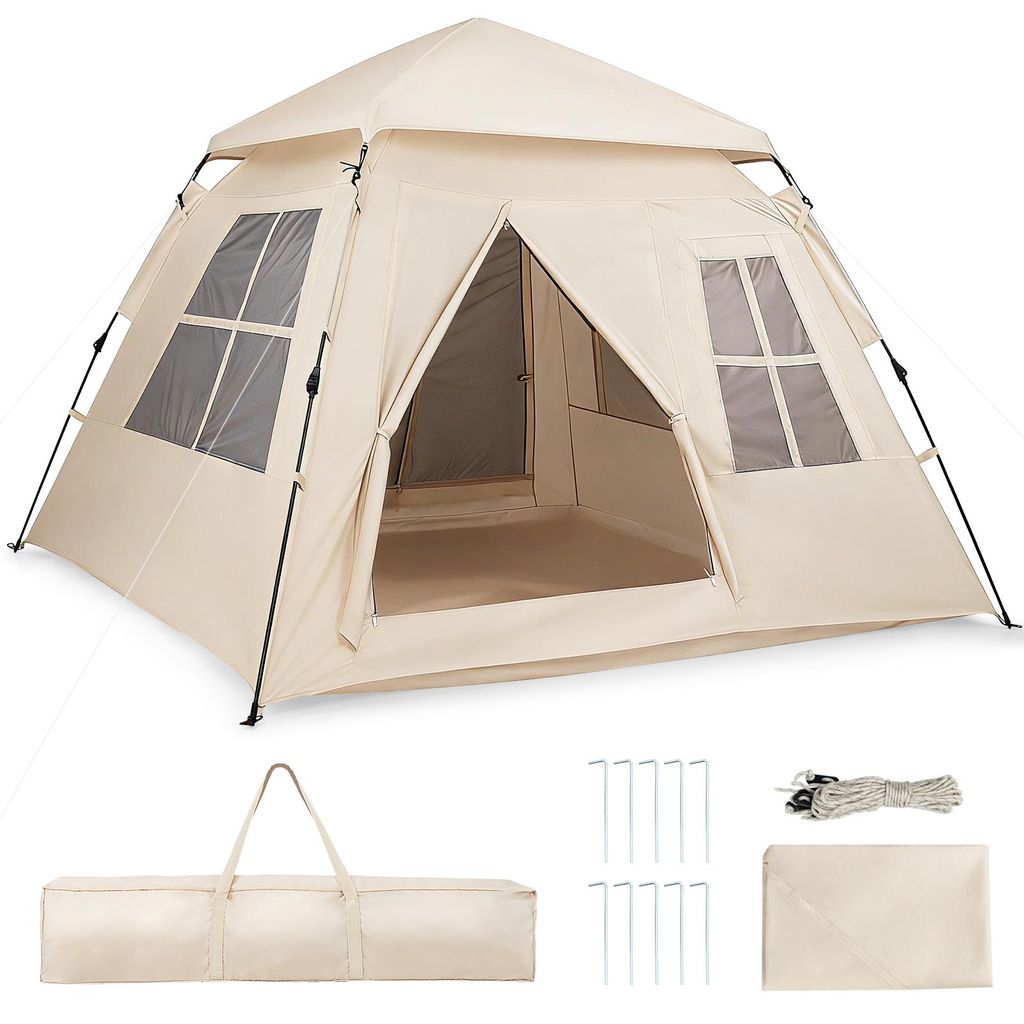 COSTWAY Pop Up Zelt 4 Personen, Wurfzelt mit 2 Meshtüren, 4 Netzfenster, Lampenhaken, Heringen, Windseileen & Tasche Campingzelt Strandzelt wasser...