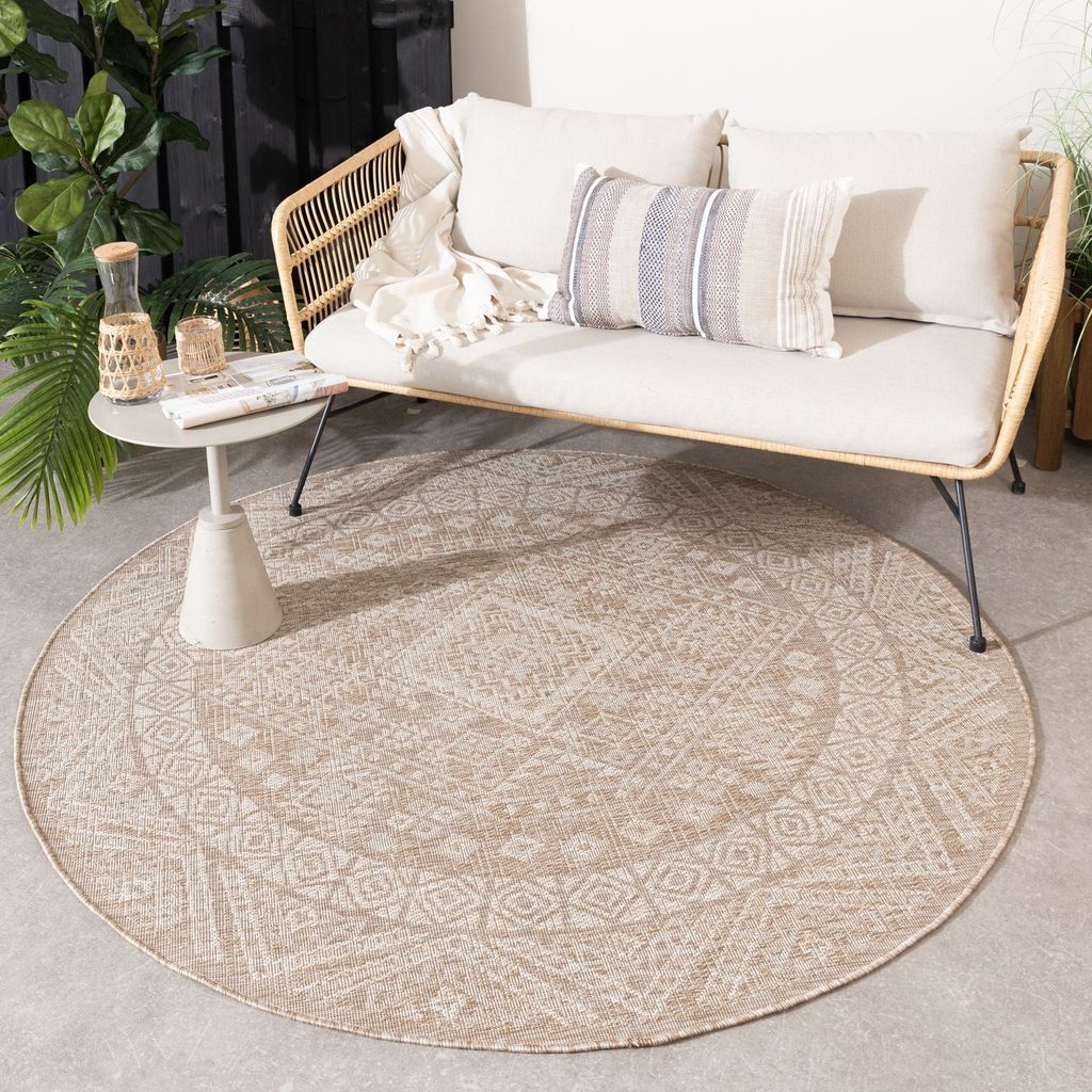 Outdoor Jute Teppich Rund - Atlas Aztec Braun Creme - Ø 100 cm - Wohnzimmer, Esszimmer, Balkon, Garten, Terrasse - FRAAI | Home & Living - Boho