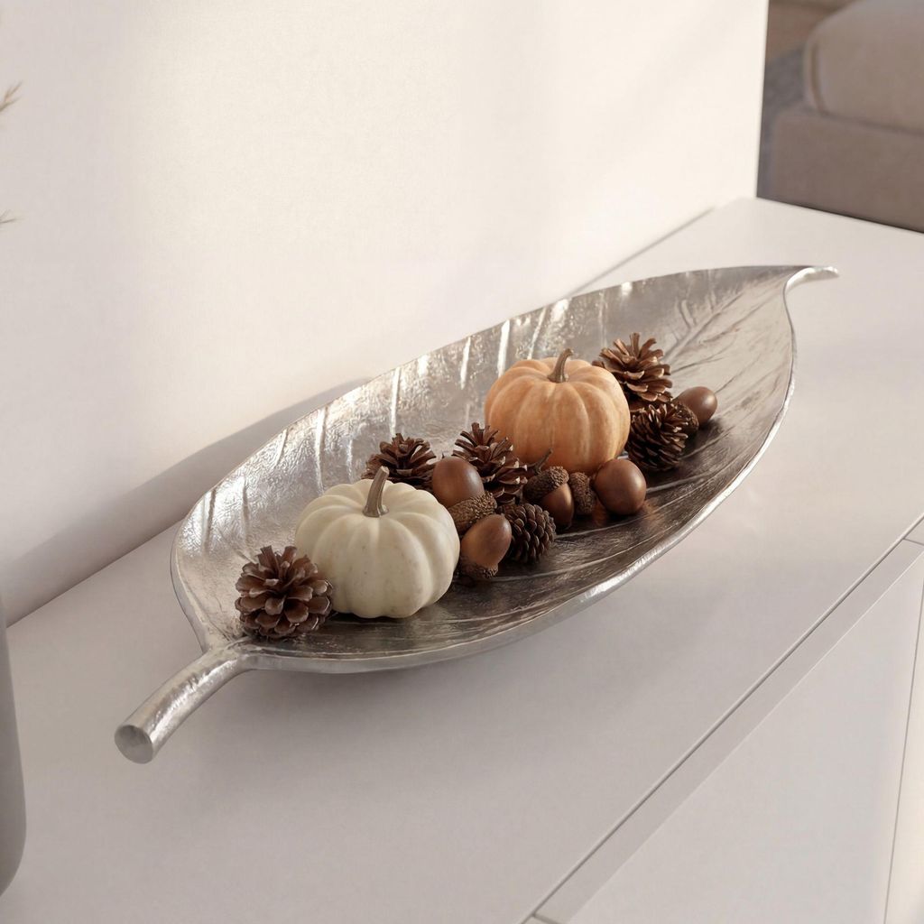 FineBuy Dekoschale Blatt Aluminium Silber Schale 61cm Produktbild 