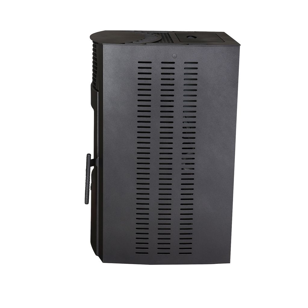 Side view of a black pellet stove.