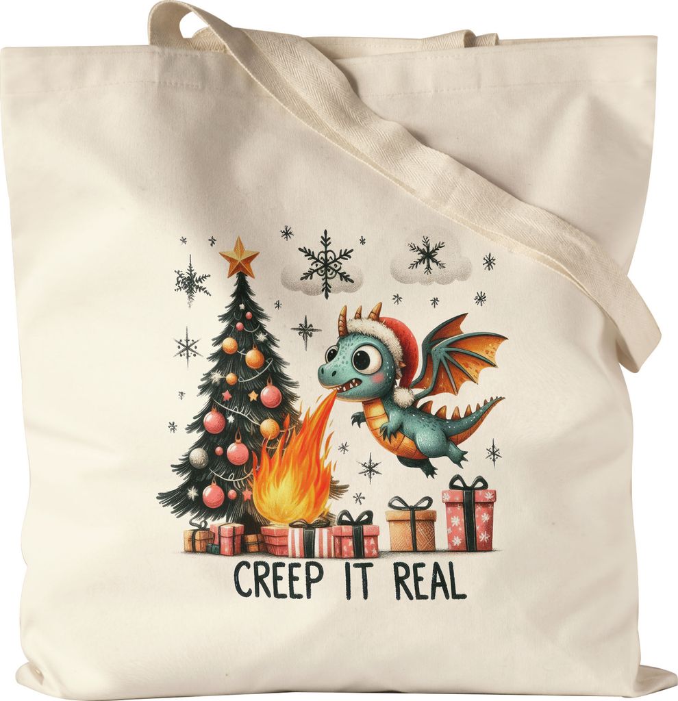 Creep It Real Lustiges Drachenmotiv Jutebeutel Geschenkidee witziges Design Weihnachten
