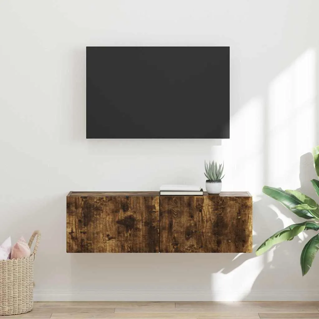 Banc TV suspendu coloris Chêne fumé 98 cm pour salon contemporain