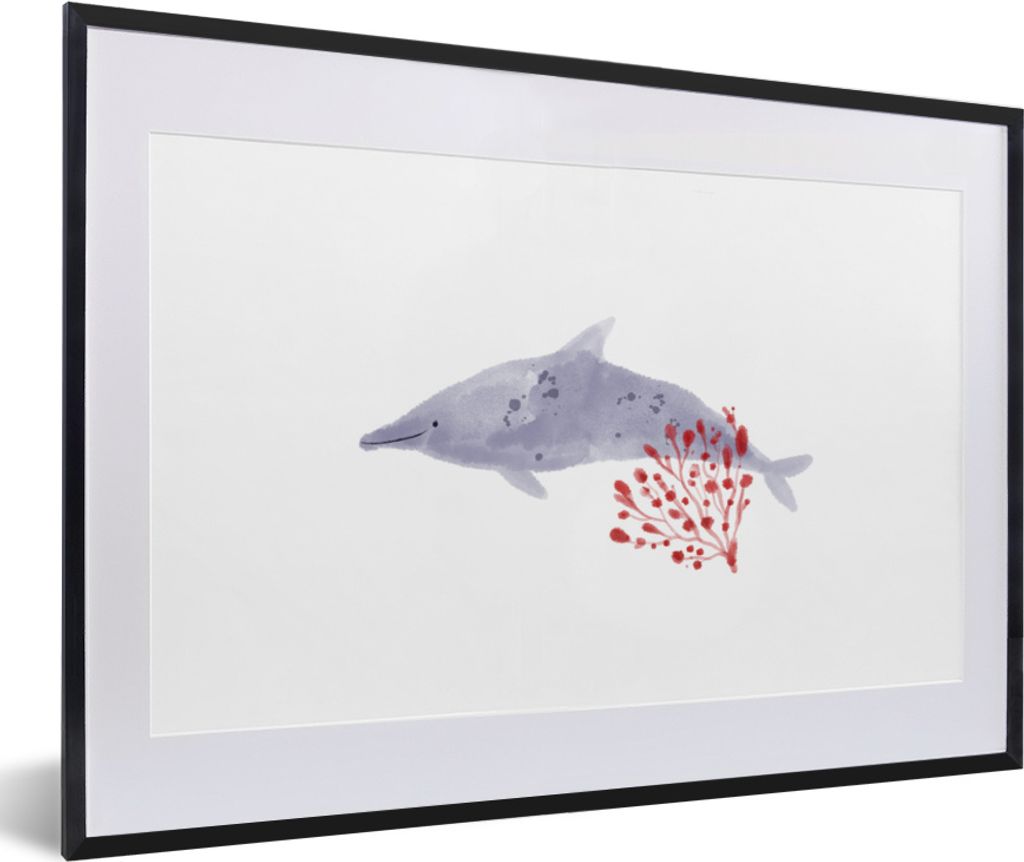 MuchoWow MuchoWow Gerahmtes Poster Delfin - Pflanzen - Meer - Aquarell 60x40 cm - Poster mit zchwarzem Bilderrahmen - Schlafzimmer - Plakat in ...